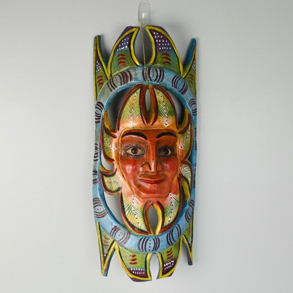 Handpainted Carved Wooden Mask Sun Colorful Mexico? - Picture 1 of 10